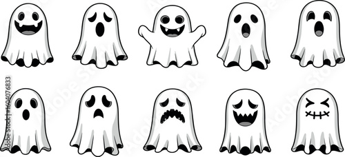 Cute ghost halloween characters collection hand drawn doodle set vector illustration. Funny holiday scary decoration