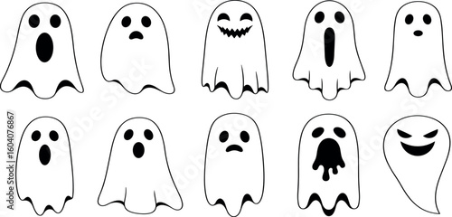 Cute ghost halloween characters collection hand drawn doodle set vector illustration. Funny holiday scary decoration