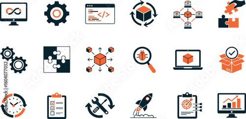 DevOps development and operations concept editable stroke outline icons set isolated on white background flat vector illustration.