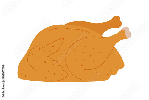 Whole roasted turkey without dish, isolated on white background. Baked poultry with crispy golden skin. Simple illustration, stock flat vector, isolated.