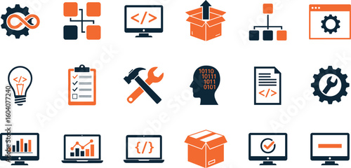 DevOps methodology and software development concept editable stroke outline icons set isolated on white background flat vector illustration. 