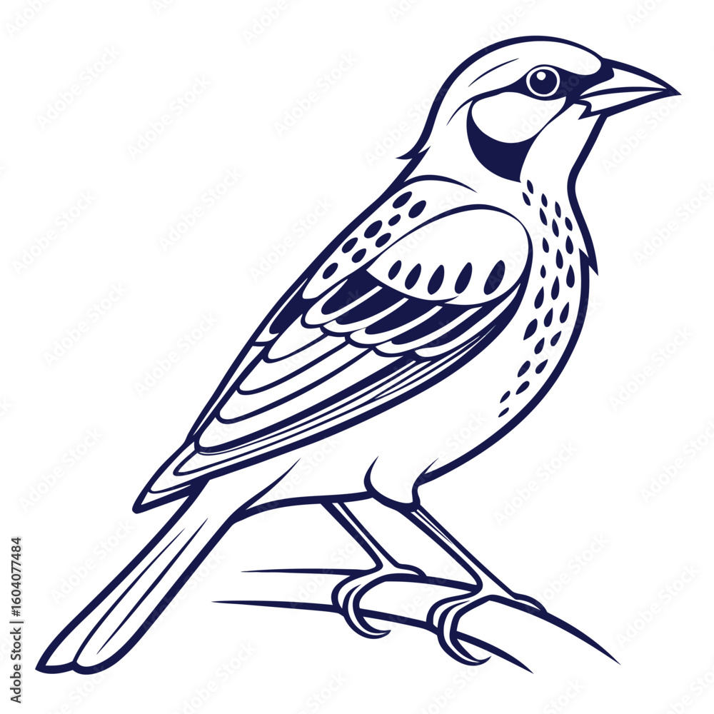 Obraz premium Dark Blue Bird Illustration Perched on Branch Line Art
