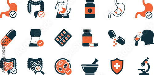 Digestion, intestine, stomach, and probiotics editable stroke outline icons set isolated on white background flat vector illustration