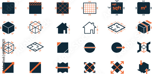 Dimension, area and perimeter measure concept editable stroke outline icons set isolated on white background flat vector illustration.