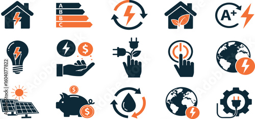 Energy saving and efficiency editable stroke outline icons set isolated on white background flat vector illustration.