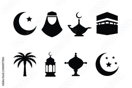 Islamic symbols crescent moon star Kaaba palm tree lantern and ornate vessel Silhouette
