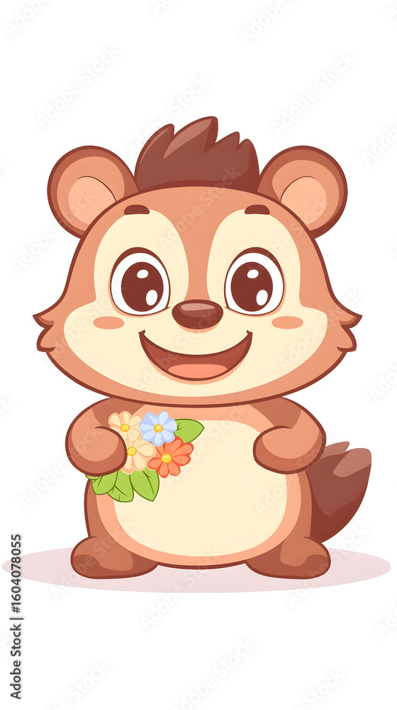Fototapeta premium Cute cartoon raccoon holding flowers