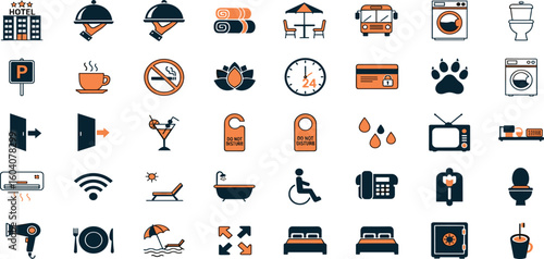 Hotel and hostel service and hospitality editable stroke outline icons set isolated on white background flat vector illustration