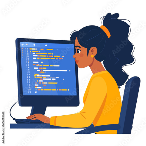 Focused female programmer with a ponytail and yellow sweater writing code on a computer.