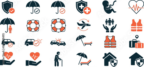 Insurance, policy, risk concept editable stroke outline icons set isolated on white background flat vector illustration