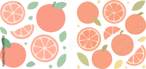 Fresh Pink Grapefruit Slices and Whole Fruits 1.
