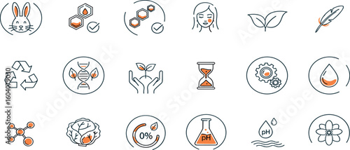 Organic, natural, vegan, cruelty free, collagen, anti age, antioxidant cosmetic editable stroke outline icons set isolated