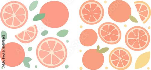 Fresh Pink Grapefruit Slices and Whole Fruits.