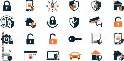 Safety, protection and security concept editable stroke outline icons set isolated on white background flat vector illustration