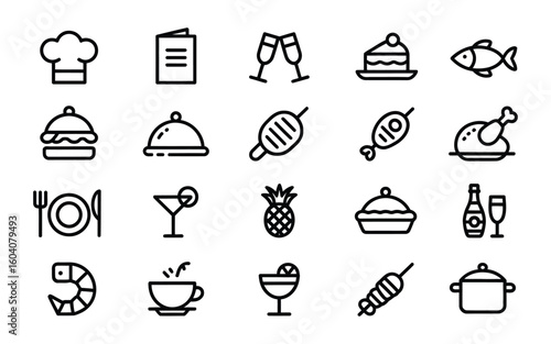 Restaurant & Food Service Line Icons - Chef, Menu, Dinner, Drinks, Dessert & Cuisine Outline Vector Icon Set