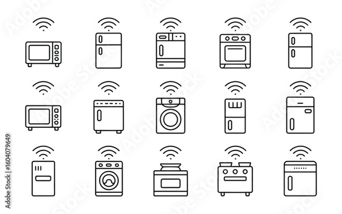 Smart Home Appliances Line Icons: IoT, Connected Kitchen, Laundry & WiFi Gadgets Vector Set