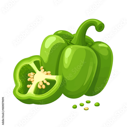Vibrant green bell pepper illustration, featuring a whole vegetable and a cross-section with visible seeds and core.