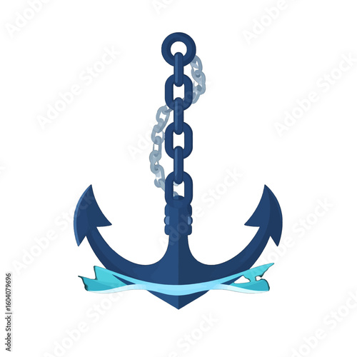 Stylized dark blue naval anchor with a silver chain and a light blue ribbon banner.
