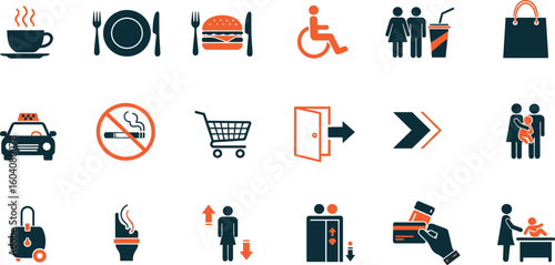 Toilet, food court, elevator, exit door and public navigation concept  editable solid color icons set