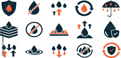 Waterproof and repellent surface editable stroke outline icons set isolated on white background flat vector illustration.