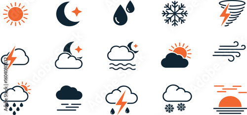 Weather editable stroke outline icons set isolated on white background flat vector illustration