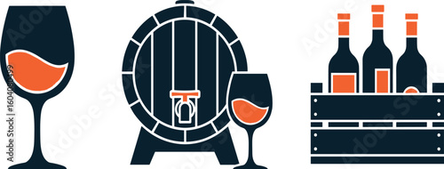 Wine glass, barrel and wooden crate box editable stroke outline icons set isolated on white background flat vector illustration.