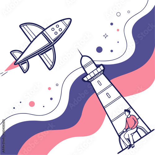A person sits in a lighthouse looking at a rocket flying through a stylized cosmic landscape with waves and dots