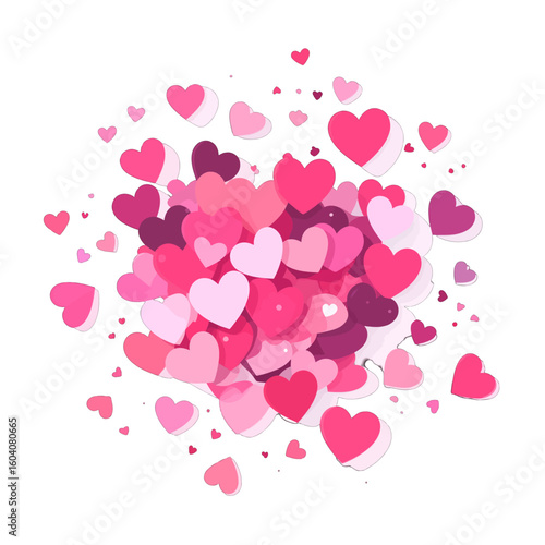 A vibrant, layered cluster of pink and purple hearts in a flat illustration style.