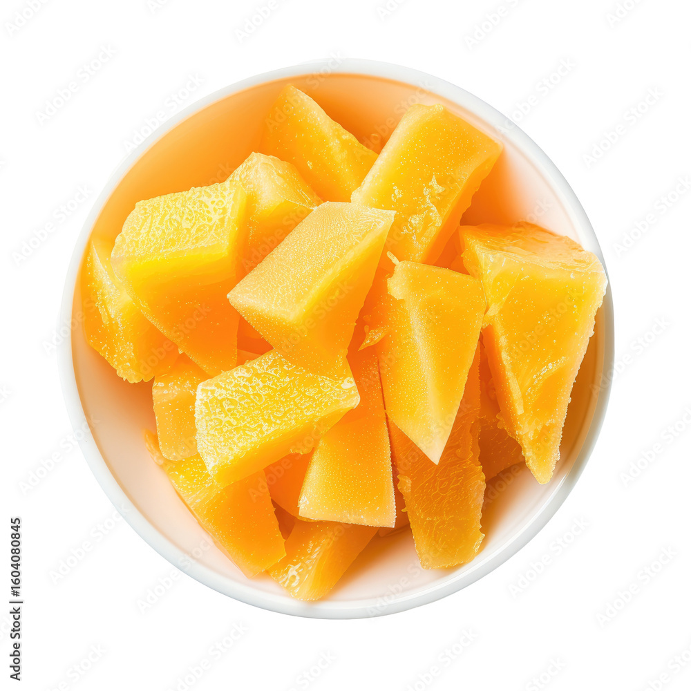 Small white bowl filled with diced, golden-yellow fruit chunks Small white bowl filled with diced, golden-yellow fruit chunks