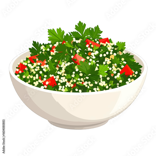 Fresh Tabbouleh salad with parsley, diced tomatoes, and bulgur wheat in a white ceramic bowl.
