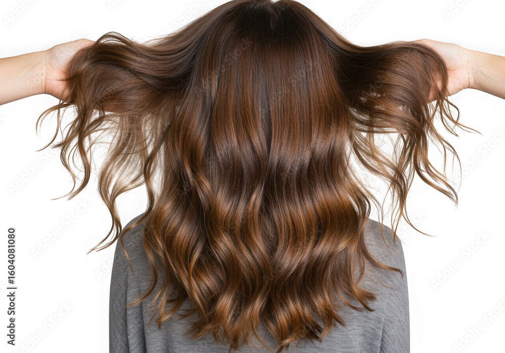 Naklejka premium Woman with brown wavy hair holding it up with both hands back on transparent background