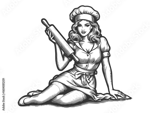 glamorous woman in a chef outfit sitting on the floor and holding a rolling pin confidently sketch engraving generative ai fictional character vector illustration. Scratch board. Black and white image