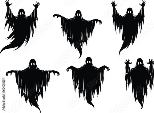 Six spooky silhouettes of terrifying ghosts with tattered robes and raised arms against a white background