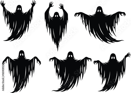 Collection of six spooky black silhouette ghosts with tattered flowing robes and raised arms against a white background
