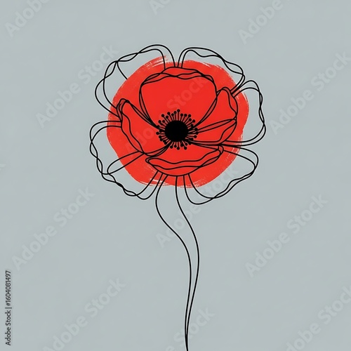 Minimalist Poppy Flower Illustration with Red Circle Accent on Gray Background Simple and Elegant Design for Various Creative Projects