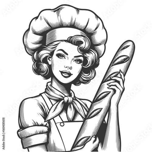 smiling woman in a chef hat and apron proudly holding a long baguette loaf sketch engraving generative ai fictional character vector illustration. Scratch board imitation. Black and white image.