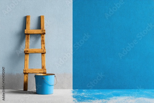 Fototapeta Naklejka Na Ścianę i Meble -  Paint job in progress.  Wooden ladder and blue bucket beside a wall half painted blue