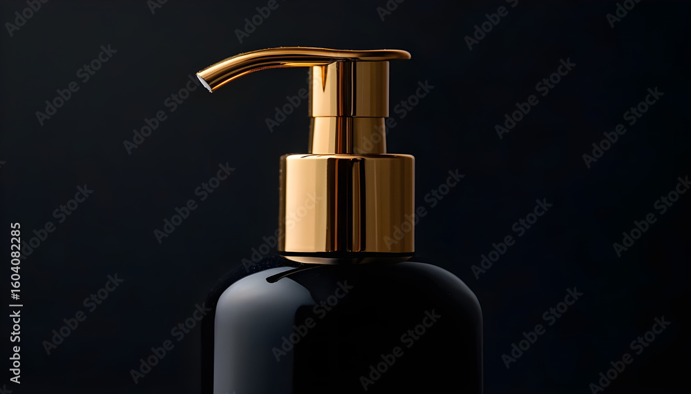Obraz premium A close-up of a pump bottle with a gold lid against a black background