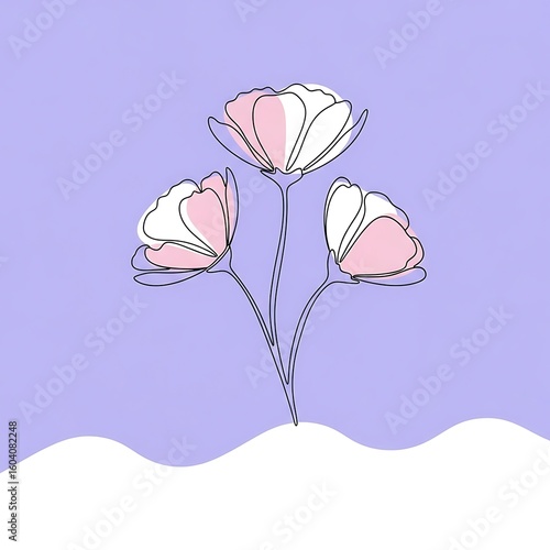 Elegant Floral Line Art with Pastel Accents on a Textured Lavender Background and White Wavy Base