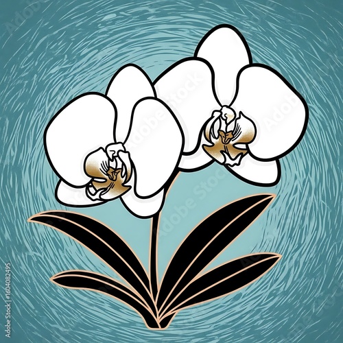 Stylized Illustration of White Orchid Flowers with Dark Leaves on a Textured Teal Background for Design Projects