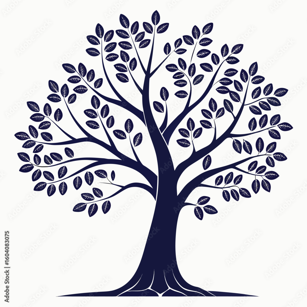 Fototapeta premium Navy Blue Stylized Tree with Detailed Leaves White Background