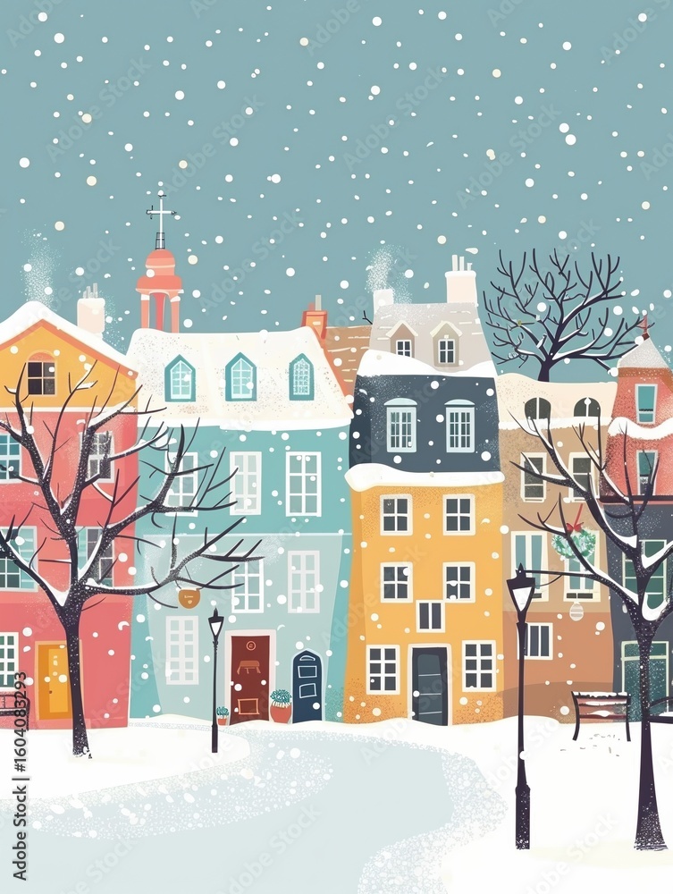 Fototapeta premium Magical holiday card with traditional snowy Christmas village and warm details