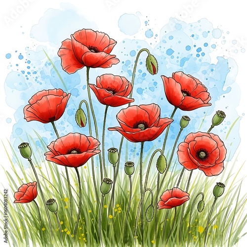 Watercolor Illustration of Red Poppy Flowers in a Field with a Blue Sky Background and Green Grass