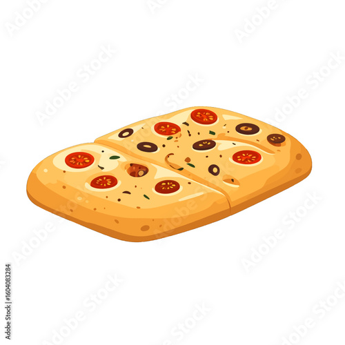 Golden rectangular focaccia bread with cherry tomatoes and black olives, sliced in half.