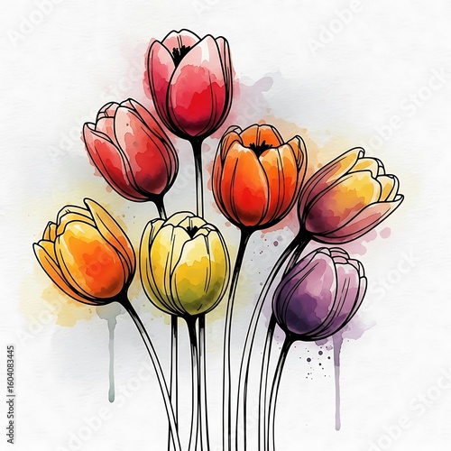 Watercolor Tulips Illustration with Black Outlines and Vibrant Colors on a White Background for Springtime