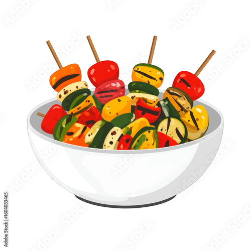 Vibrant grilled vegetable skewers with char marks, featuring peppers and zucchini, served in a white bowl.