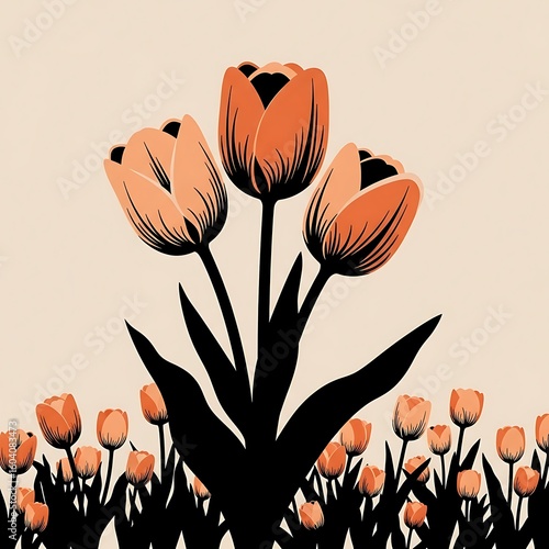 Stylized Tulip Garden Illustration with Peach Flowers and Black Silhouettes on a Beige Background for Spring