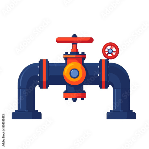 Symmetrical dark blue pipeline with a central red handwheel valve and pressure gauge.