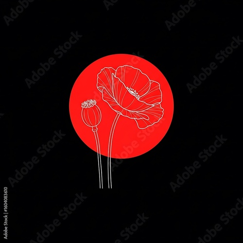 Elegant Poppy Flower Line Art on Red Circle with Black Background for Minimalist and Modern Design Projects
