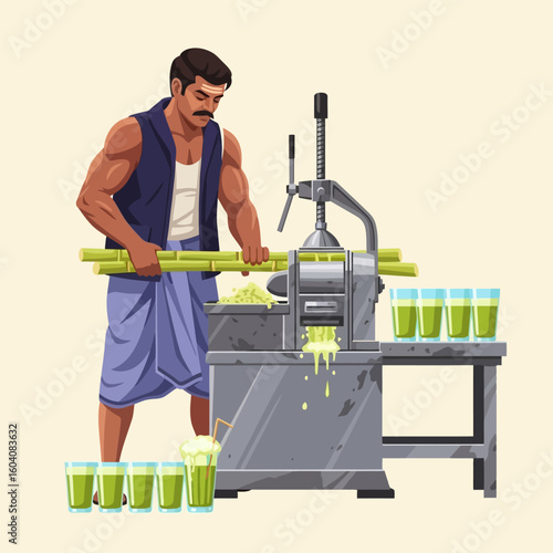 Man Making Sugar Cane Juice with Manual Press Machine